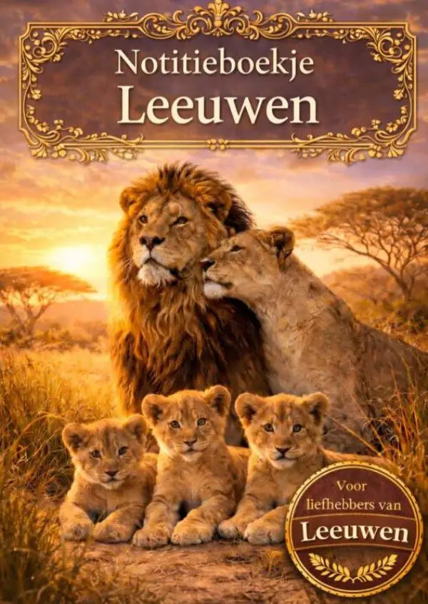 Gouden ingelijste dutch kinderen notitieboekje met leeuwenfamilie tegen afrikaanse savannes zonsondergang