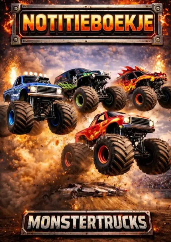 Notitieboekje met monstertrucks in vurige, robuuste ontwerpen met oversized banden en felle kleuren blauw, groen, rood en oranje