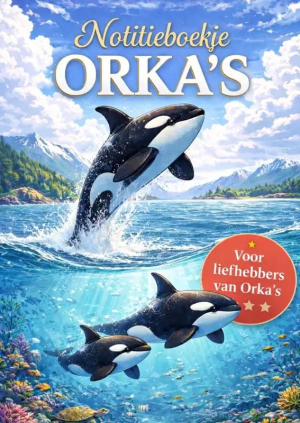 Een notitieboekje met een levendige illustratie van een springende orka en twee kleinere orka’s in helder blauw water