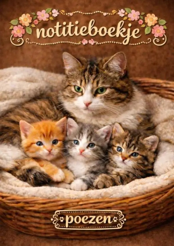 Notitieboekje met zachte, crème voering in een geweven rieten mand met een moederpoes en drie kittens