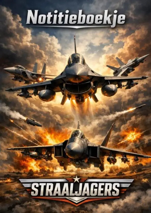 Notitieboekje met zilveren en zwarte straaljagers die door een vurige rooklucht vliegen als militaire coverillustratie