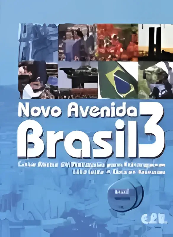 De voorkant van het Novo avenida brasil 3 leerboek toont een kleurrijke collage van Braziliaanse landschappen en cultuur