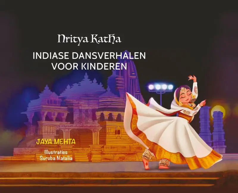 Een levendige illustratie van een danseres in een witgouden traditioneel kostuum bij nritya katha indiase dansverhalen