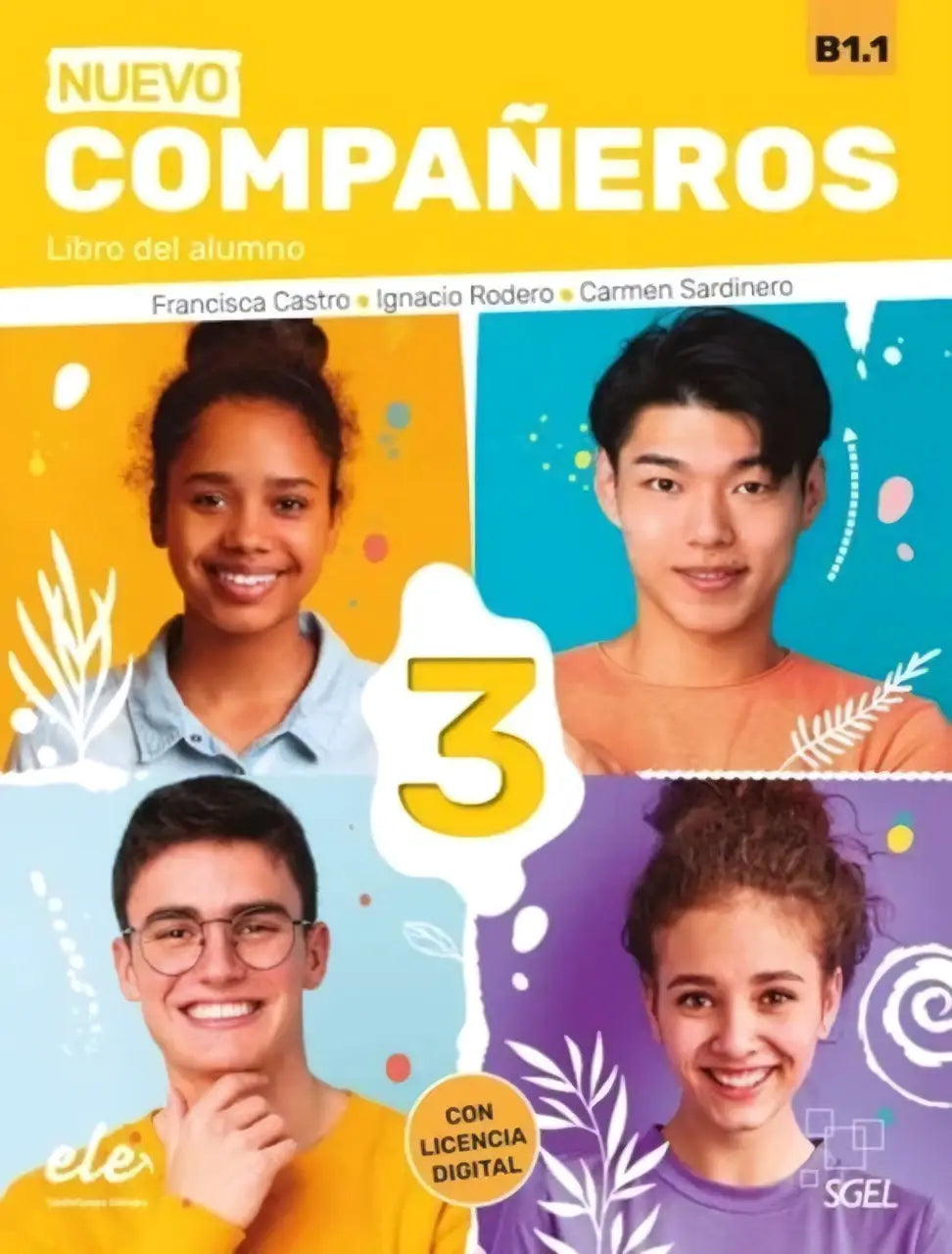 Bright yellow and blue cover of nuevo companeros 3 libro del alumno with four smiling young people in casual clothing