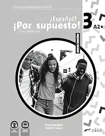 Grijs-zwart spaanstalig leerboek nuevo ¿español? ¡por supuesto! 3 met drie lachende studenten in een cirkelvormig frame