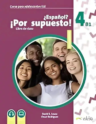 De voorkant van nuevo ¿español? ¡por supuesto! 4 b1 libro del alumno met paarse en groene kleur en vijf lachende studenten