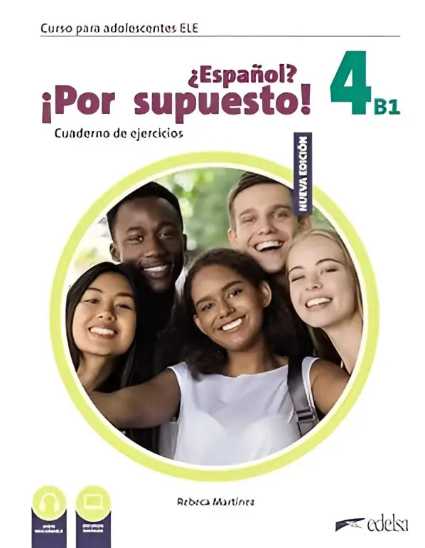 De voorkant van de nuevo español por supuesto 4 b1 werkboek met vijf lachende jongeren op een groene achtergrond