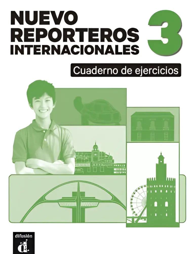 Groene illustratieve oefenboekhoes nuevo reporteros int 3 met lachende jongen en internationale bezienswaardigheden