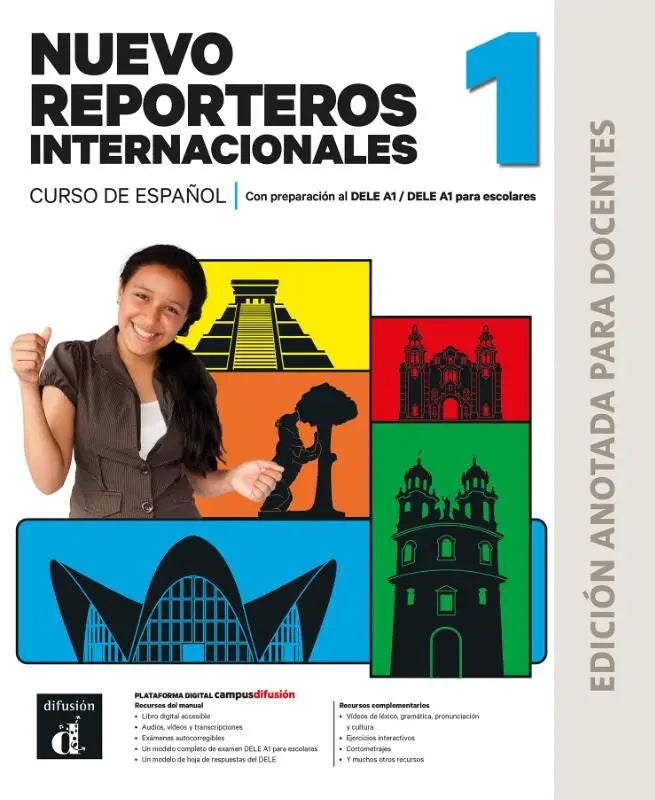 De cover van nuevo reporteros internacionales 1 met een lachende vrouw voor kleurrijke illustraties van bezienswaardigheden
