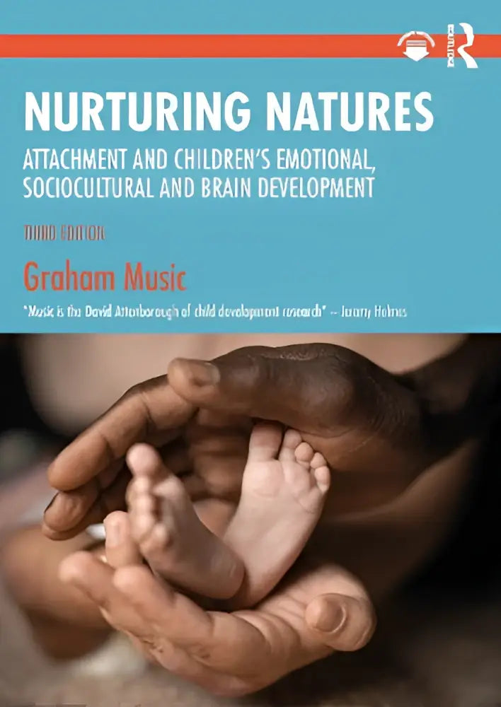 The book cover of nurturing natures by graham music shows adult hands cradling baby feet on a soft blue background