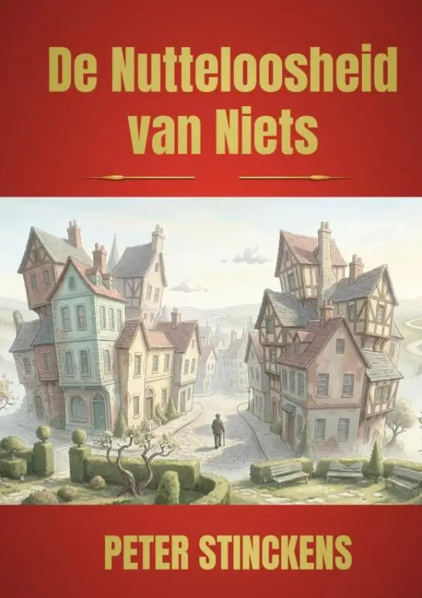 De boekcover van de nutteloosheid van niets door peter stincxens toont een kleurrijk geïllustreerd surreëel dorp