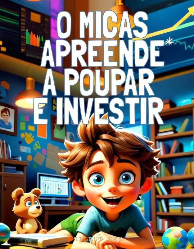 De levendige cartoonstijl boekcover van o micas apreende a poupar e investir toont een studeerkamer vol boeken en grafieken voor jonge lezers