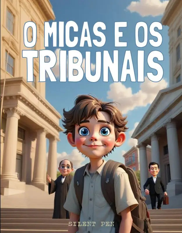 Een cartoon jongen met bruin haar en blauwe ogen draagt een licht beige shirt en een donkerbruine rugzak voor jonge lezers in O Micas e os Tribunais