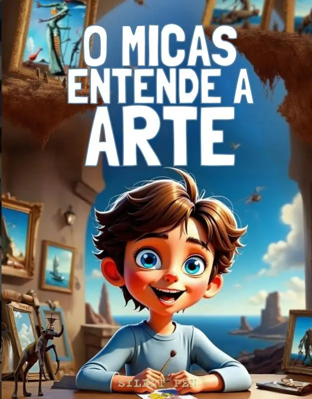 Een vrolijke cartoon jongen met bruin haar en blauwe ogen schildert aan een bureau in micas entende o entiende a arte voor jonge lezers