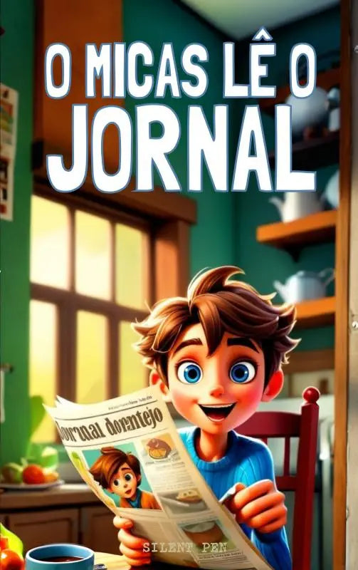 Een cartoon jongen met blauw trui leest de krant jornal doentejo in het product o micas lê o jornal voor jonge lezers