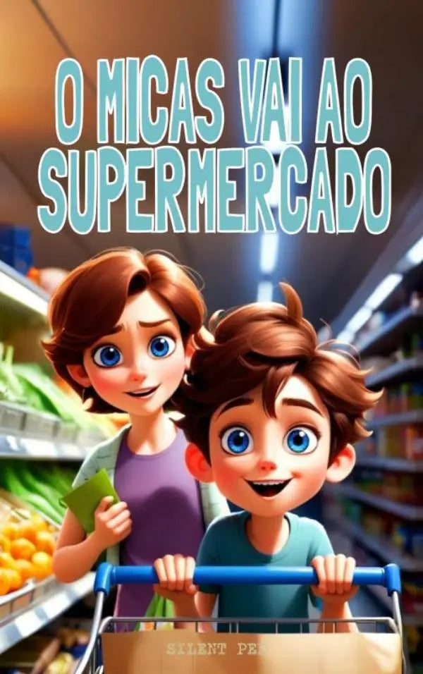 De poster van micas vai ao supermercado toont twee kinderen met bruin haar en blauwe ogen in een supermarktgang cartoonstijl voor jonge lezers