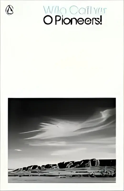 O pioneers black-and-white desert landscape photograph with distant structures under wispy cloud sky