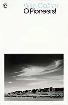 O pioneers black-and-white desert landscape photograph with distant structures under wispy cloud sky