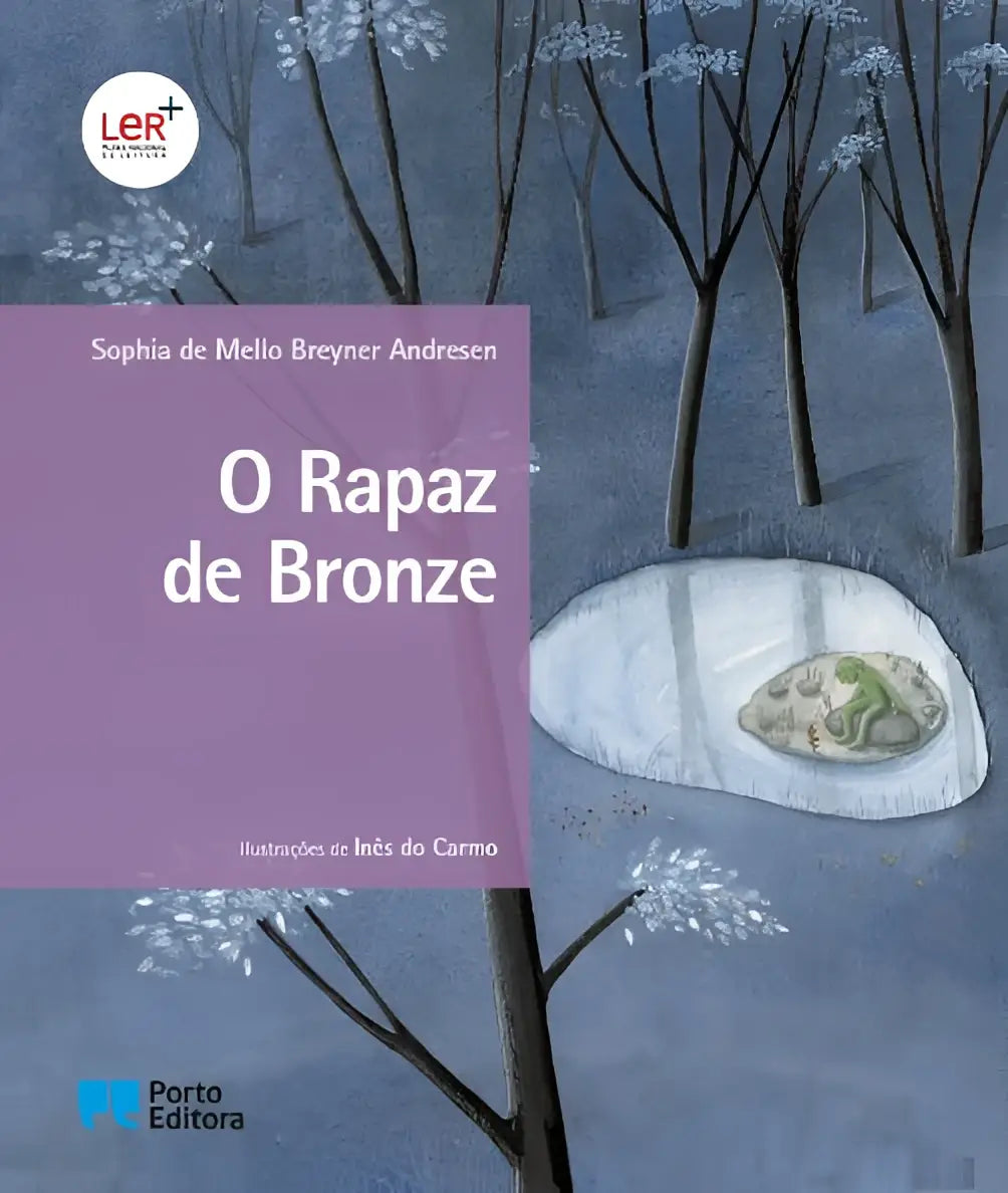 Paars boekomslag van o rapaz de bronze door sophia de mello breyner andresen geïllustreerd door inês do carmo