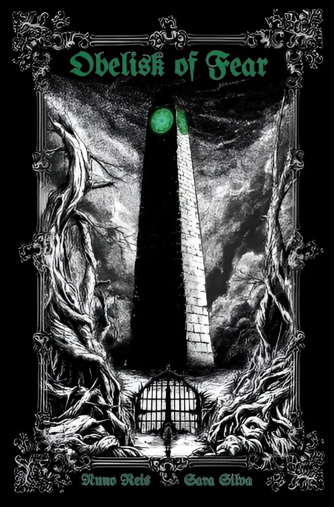 Illustratieve boekomslag obelisk of fear met zwarte en groene kleuren toont hoge stenen toren met gloeiende groene ogen en gothic wortels