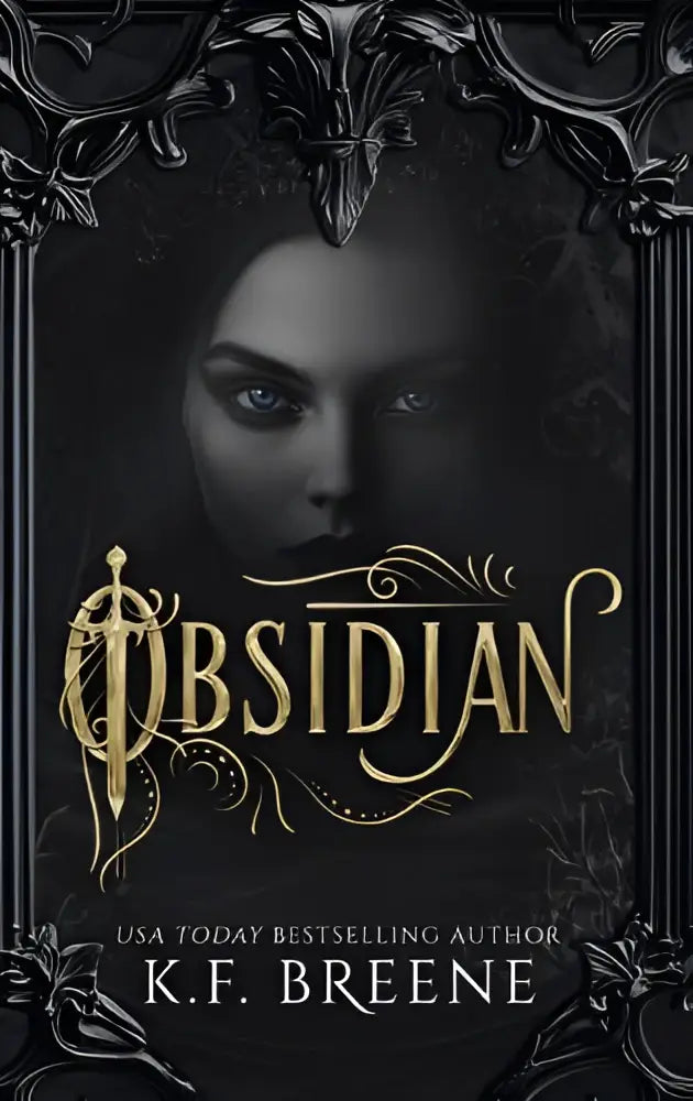 Zwarte en gouden boekomslag van obsidian met gotisch kader en zwaardembleem in elegante gouden letters voor shadowbound fae