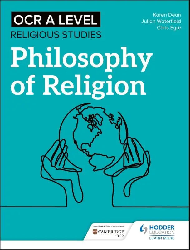 Teal ocr a level religious studies textbook titled philosophy of religion with line-art hands cradling globe illustration