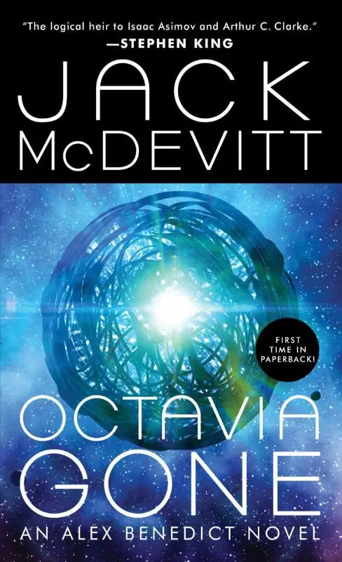 The octavia gone book cover features a glowing blue spherical structure with metallic rings in a cosmic background for alex benedict novel