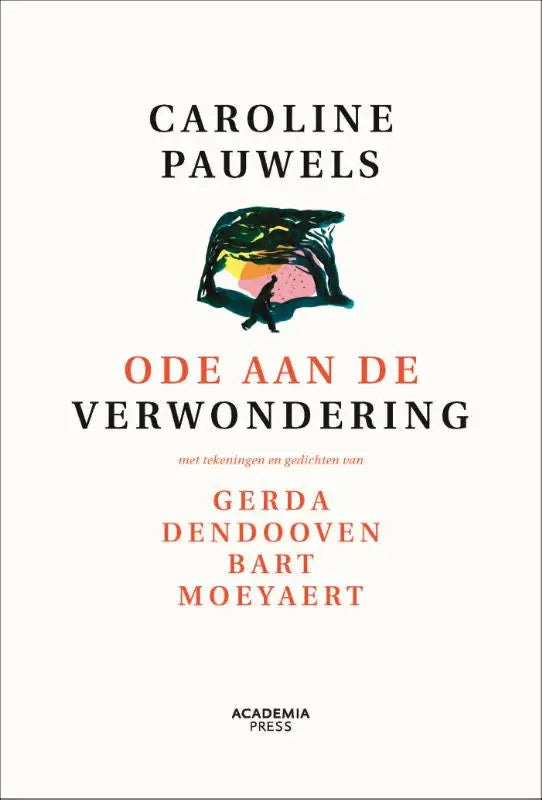 Minimalistische boekcover van ode aan de verwondering nieuwe editie met kleurrijke abstracte hoofdtooi van caroline pauwels
