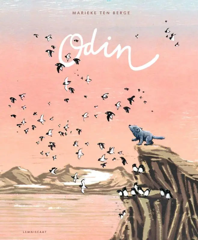 Cover van het geïllustreerde boek odin door marieke ten berge met een gestileerde blauwgrijze wolf en vogels in vlucht