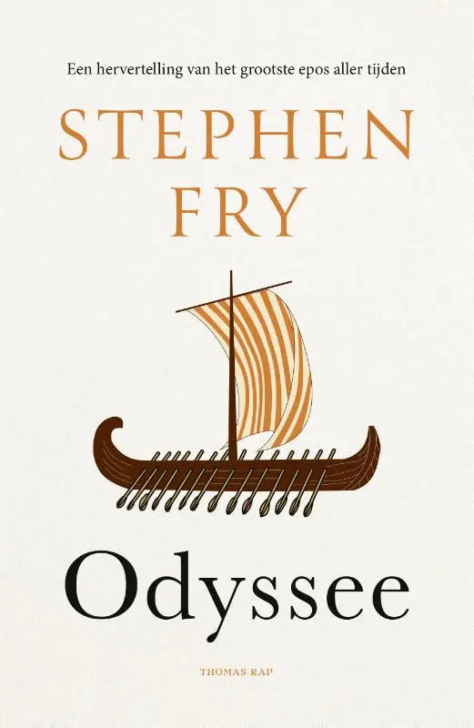 Minimalistische illustratie van een vikinglangschip met strepen op de zeilen in warme bruine tinten op het boek odyssee van stephen fry