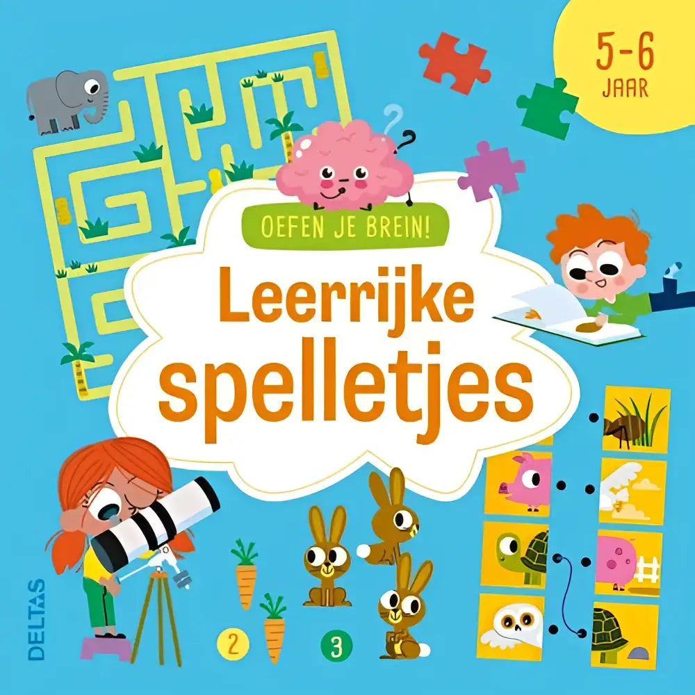 Helder gekleurde nederlandstalige paperback oefen je brein leerrijke spelletjes 5-6 jaar met illustraties van dieren en puzzels van sandra lebrun