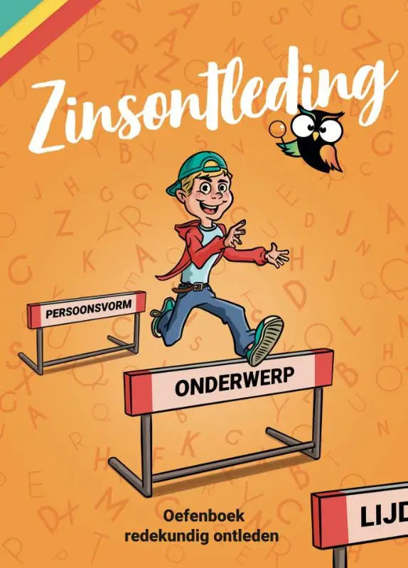 Oranje oefenboek zinsontleding met cartoon jongen springend over redekundig ontleden groep 7/8 hurdles