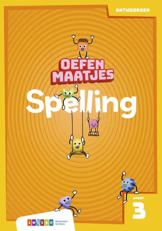 Oranje oefenmaatjes spelling werkboek voor groep 3 met speelse cartoonfiguren op zonnestraal achtergrond