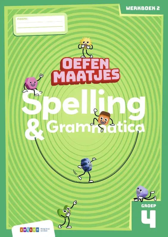 Groen oefenmaatjes spelling werkboek met spiraal patroon en cartoon figuren voor groep 4 spelling en grammatica