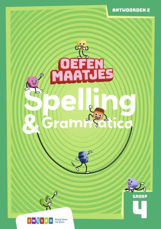 Groen oefenmaatjes spelling werkboek voor groep 4 met cartoonfiguren op spiraalachtergrond