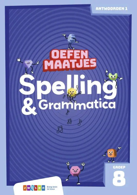 Blauw oefenmaatjes spelling en grammatica werkboek voor kinderen met kleurrijke cartoonfiguren op de voorkant