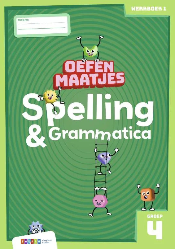 Groen oefenmaatjes spelling werkboek voor groep 4 met cartoonfiguren en titel spelling & grammatica
