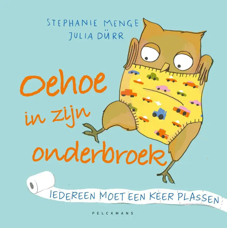 Cartoonuil oehoe in zijn onderbroek met gele luier en kleurrijke autoprints voor jonge lezers
