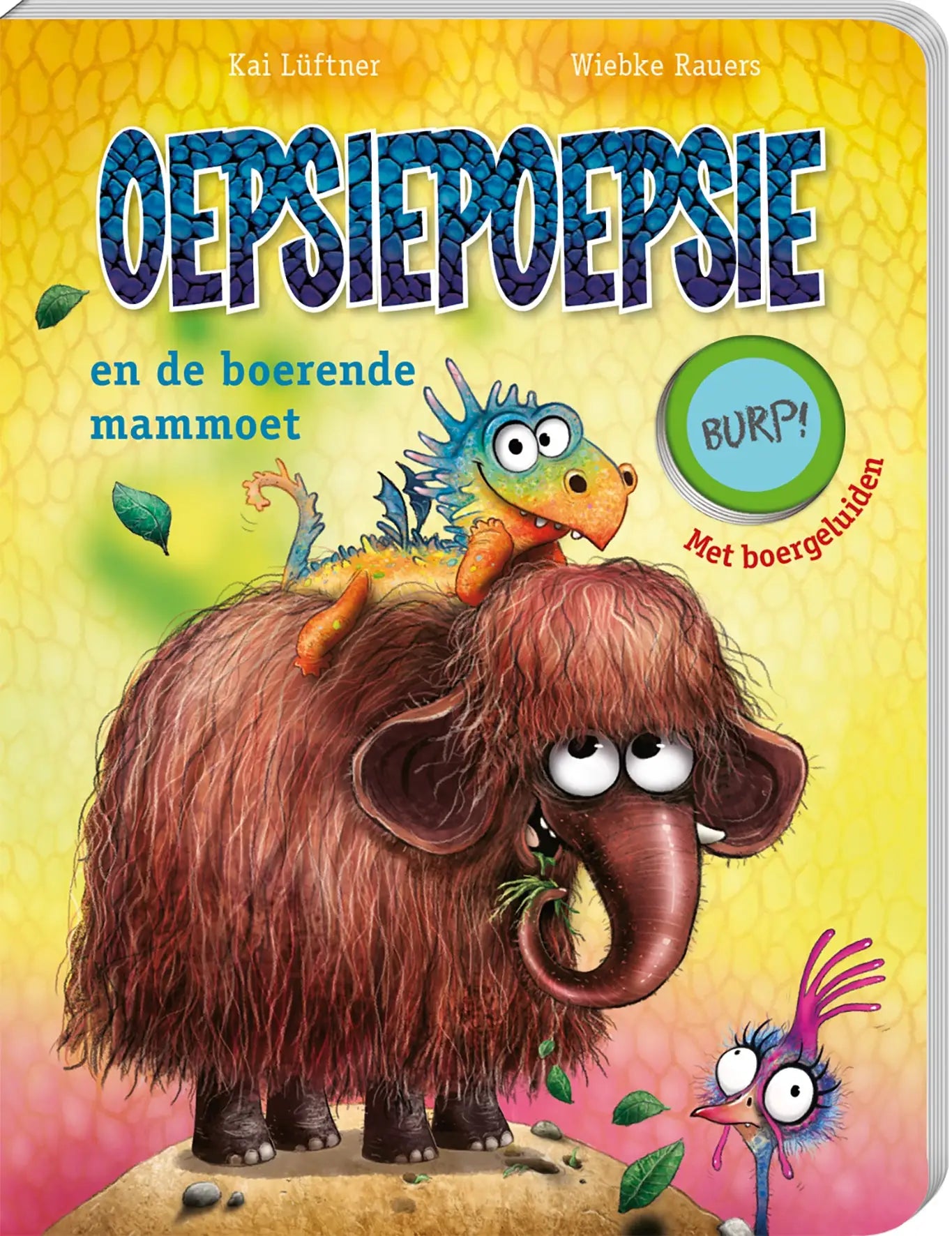 Kleurig kinderboek over de boerende mammoet met een cartoon mammoet en een blauwe draak op de rug
