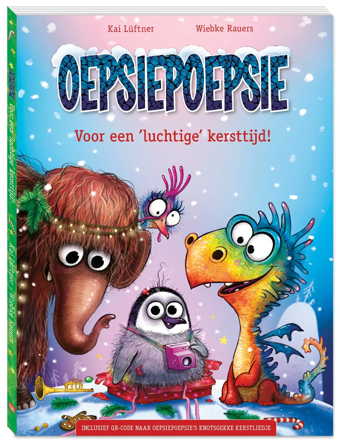 De kleurrijke omslag van het kinderboek oepsiepoepsie toont dieren in een sneeuwlandschap voor een luchtige kersttijd