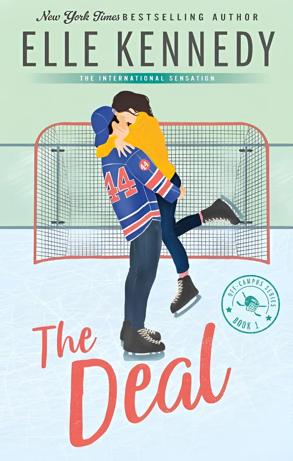 Het boek the deal van elle kennedy uit de off campus-serie toont een illustratie van een koppel in hockeyuitrusting op het ijs