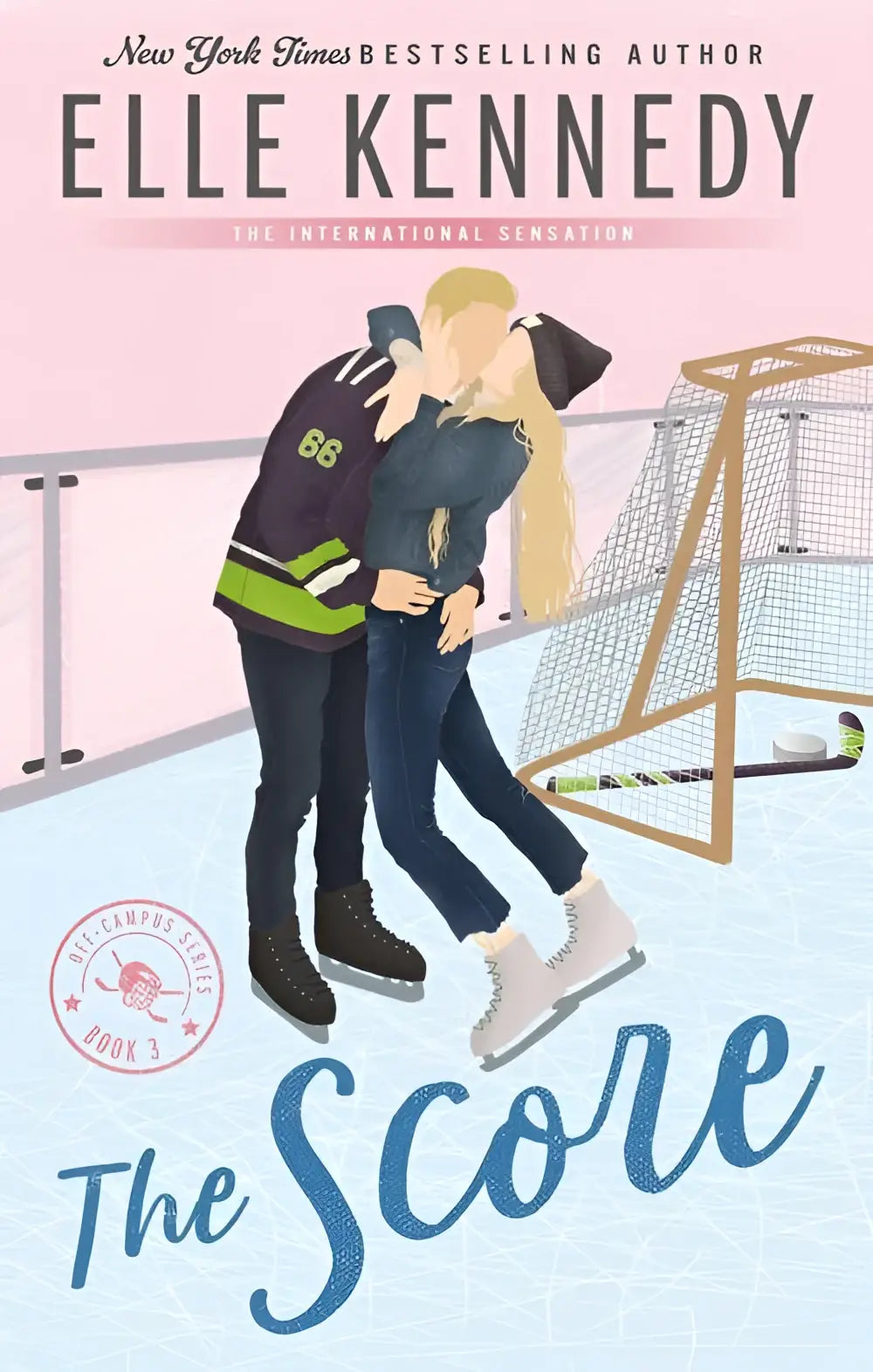 The score by elle kennedy is a hockey romance novel with a cover showing two ice skaters embracing on the rink