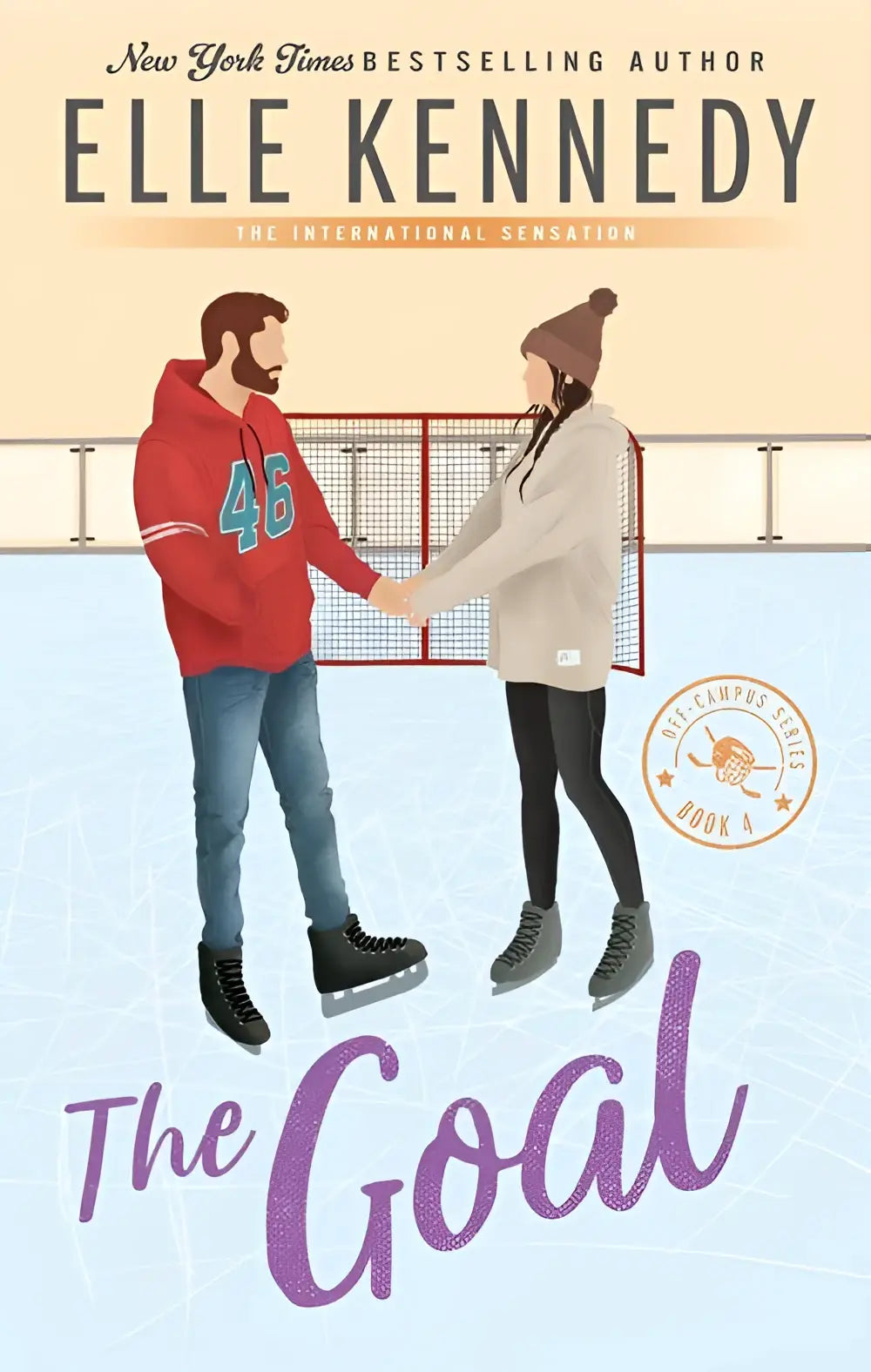 The goal door elle kennedy boekcover met een illustreerd koppel in rood-beige winterkleding op ijs met schaatsen, hockey romance