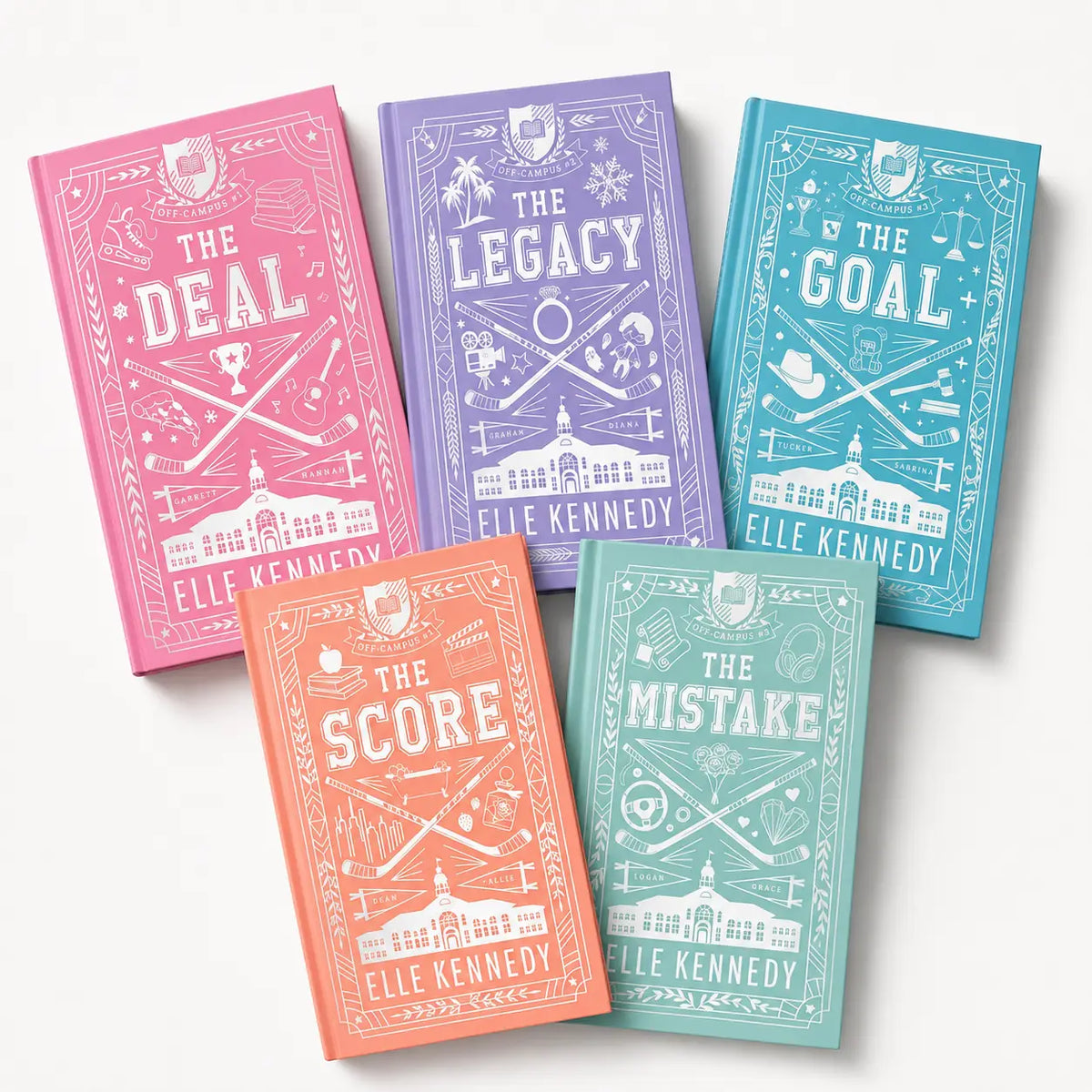 Set van vijf hardcover boeken met pastelkleurige covers en sportillustraties van elle kennedy collector’s edition complete set