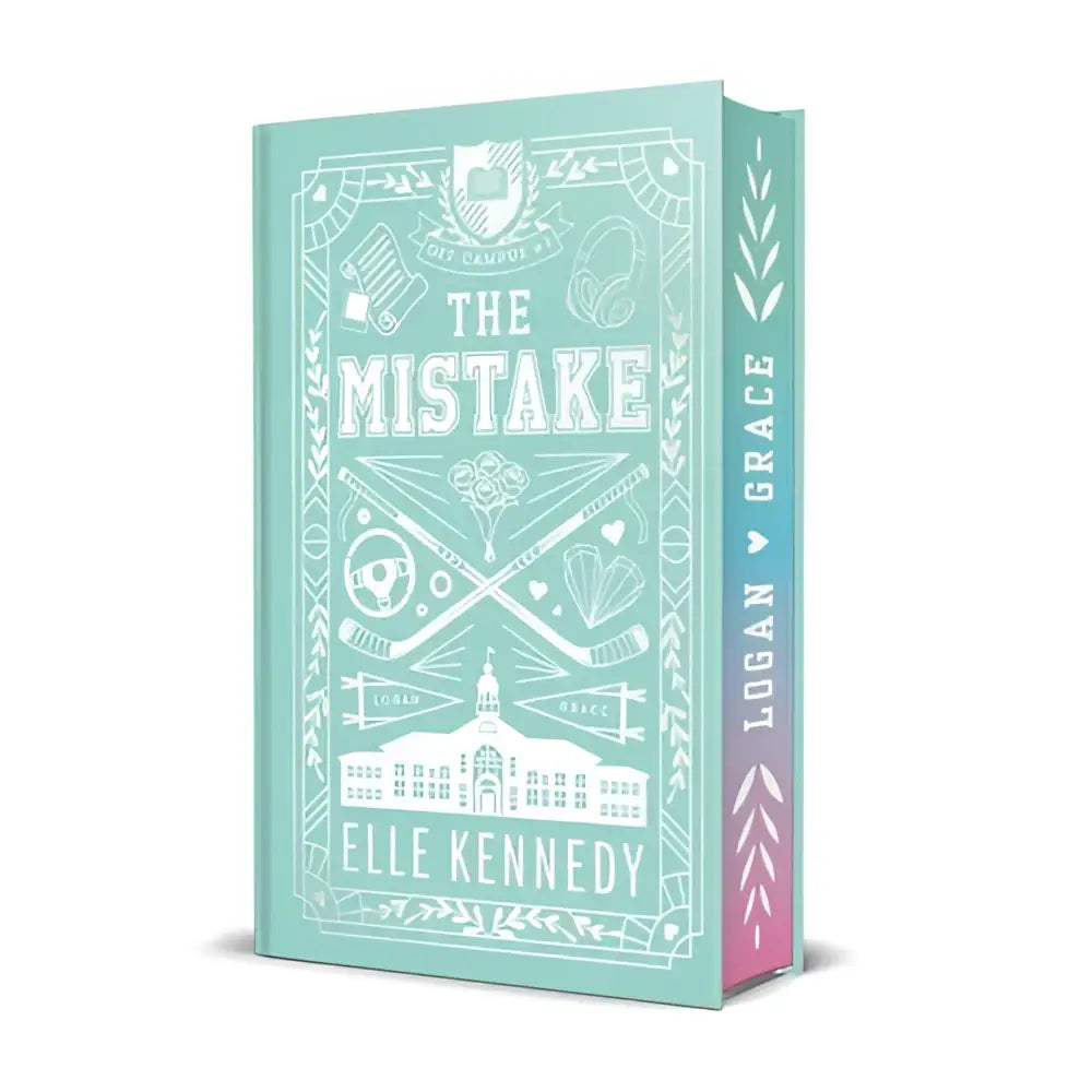 Een muntgroen hardcoverboek met witte sport- en campusillustraties uit de elle kennedy off-campus collector’s edition complete set