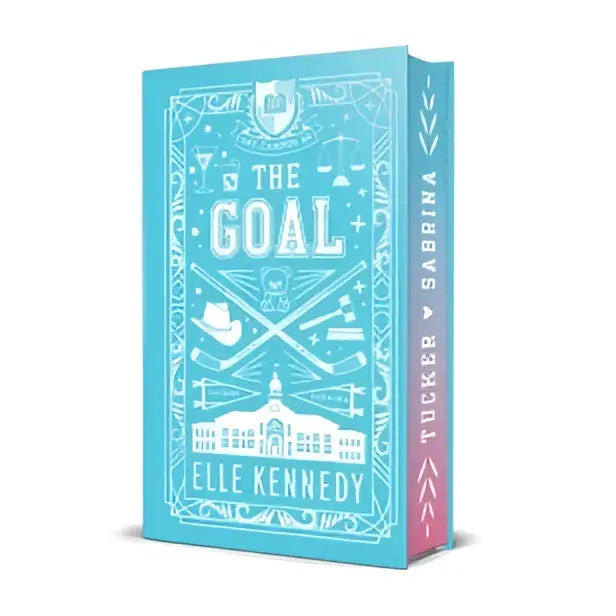 Een turquoise hardcover boek met witte lijntekeningen en een roze rug getiteld the goal uit de elle kennedy collector’s edition complete set