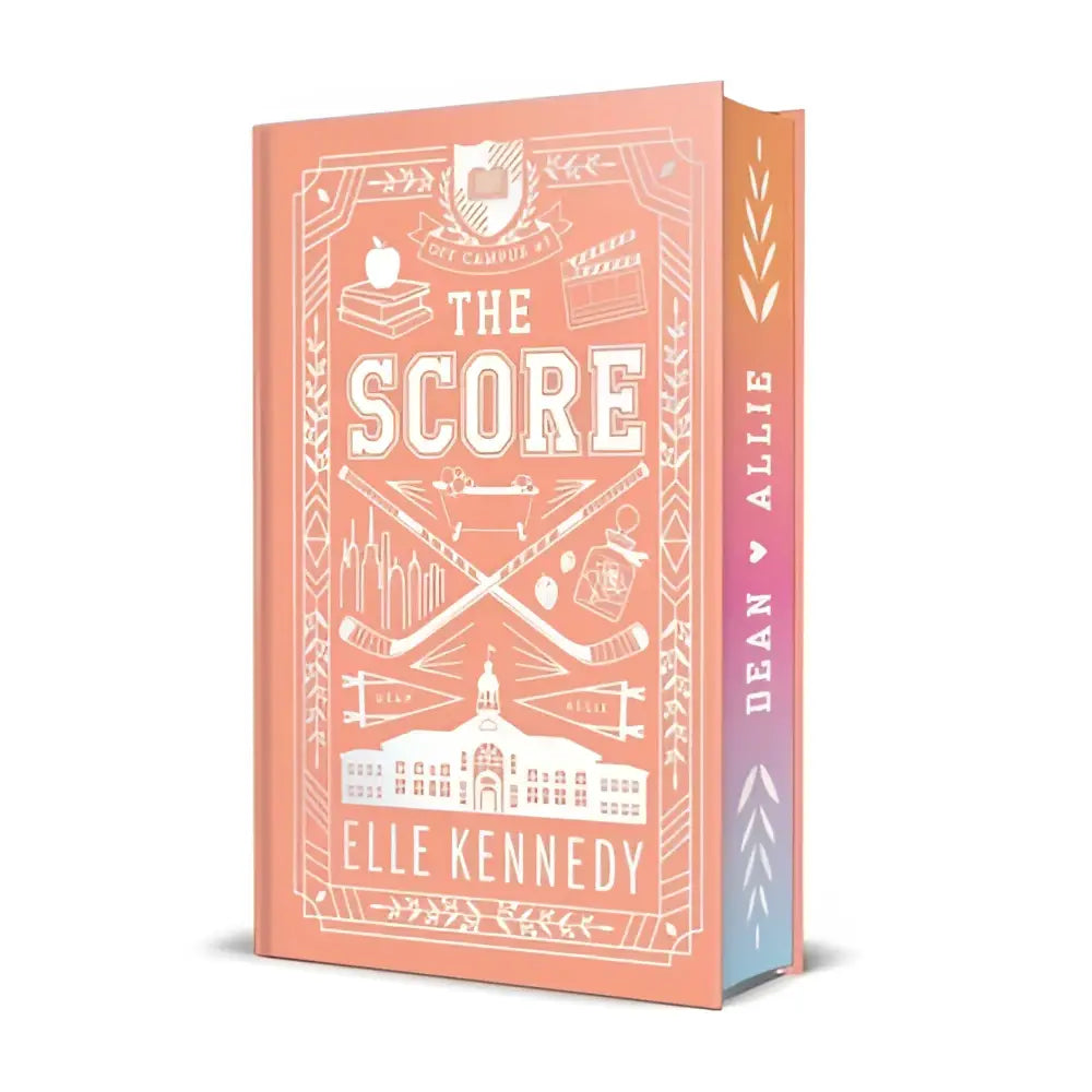 Een koraalrood hardcover collector’s edition boek met witte illustraties voor de complete set elle kennedy off-campus