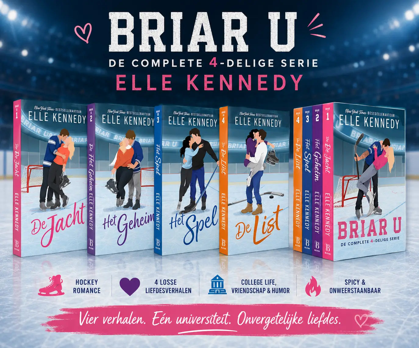 Complete Briar U-serie van Elle Kennedy met de Nederlandse paperbacks De jacht, Het geheim, Het spel en De list.