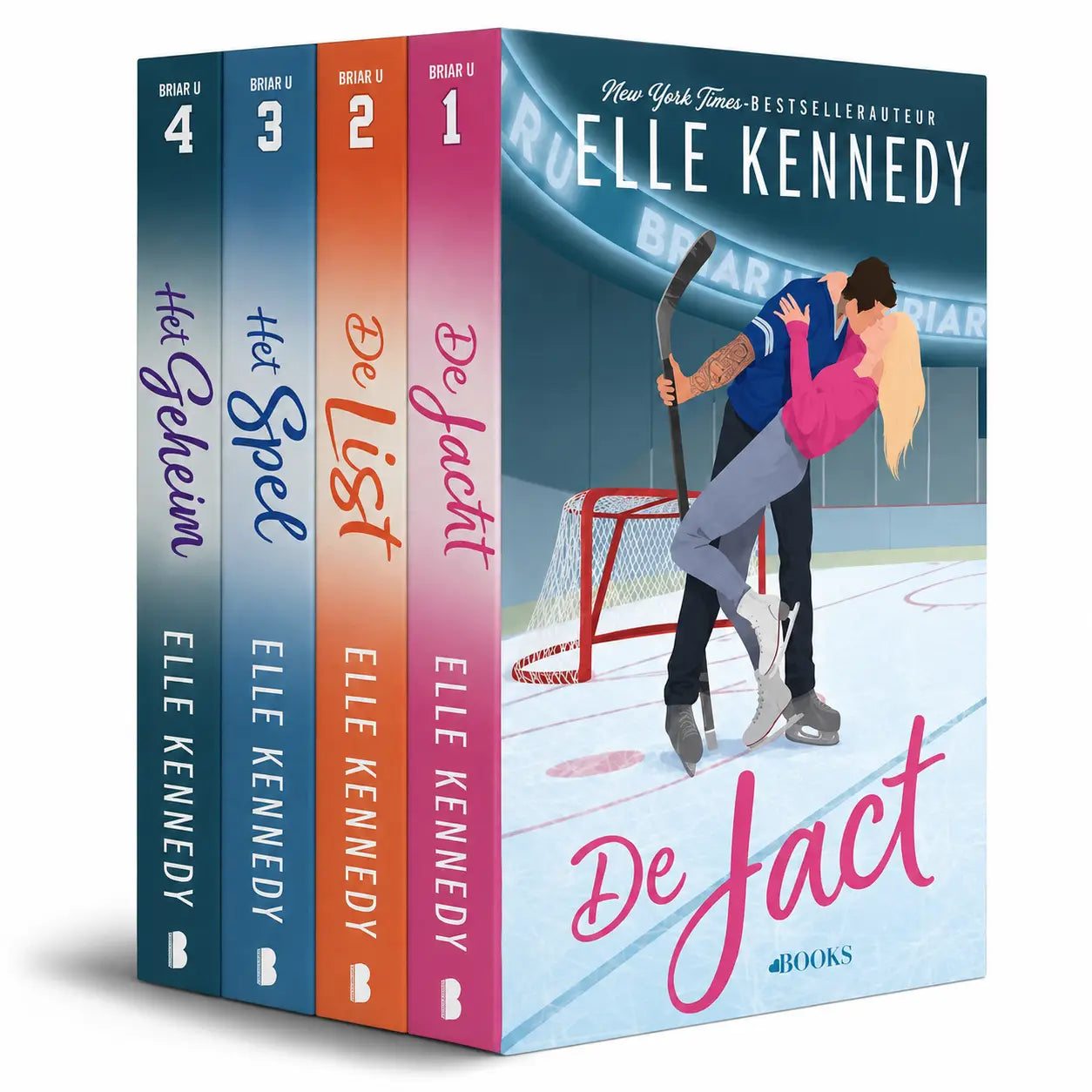 Set van vier paperbackboeken van elle kennedy met hockeythema en geïllustreerd koppel uit de briar u-serie vriendschap wordt liefde