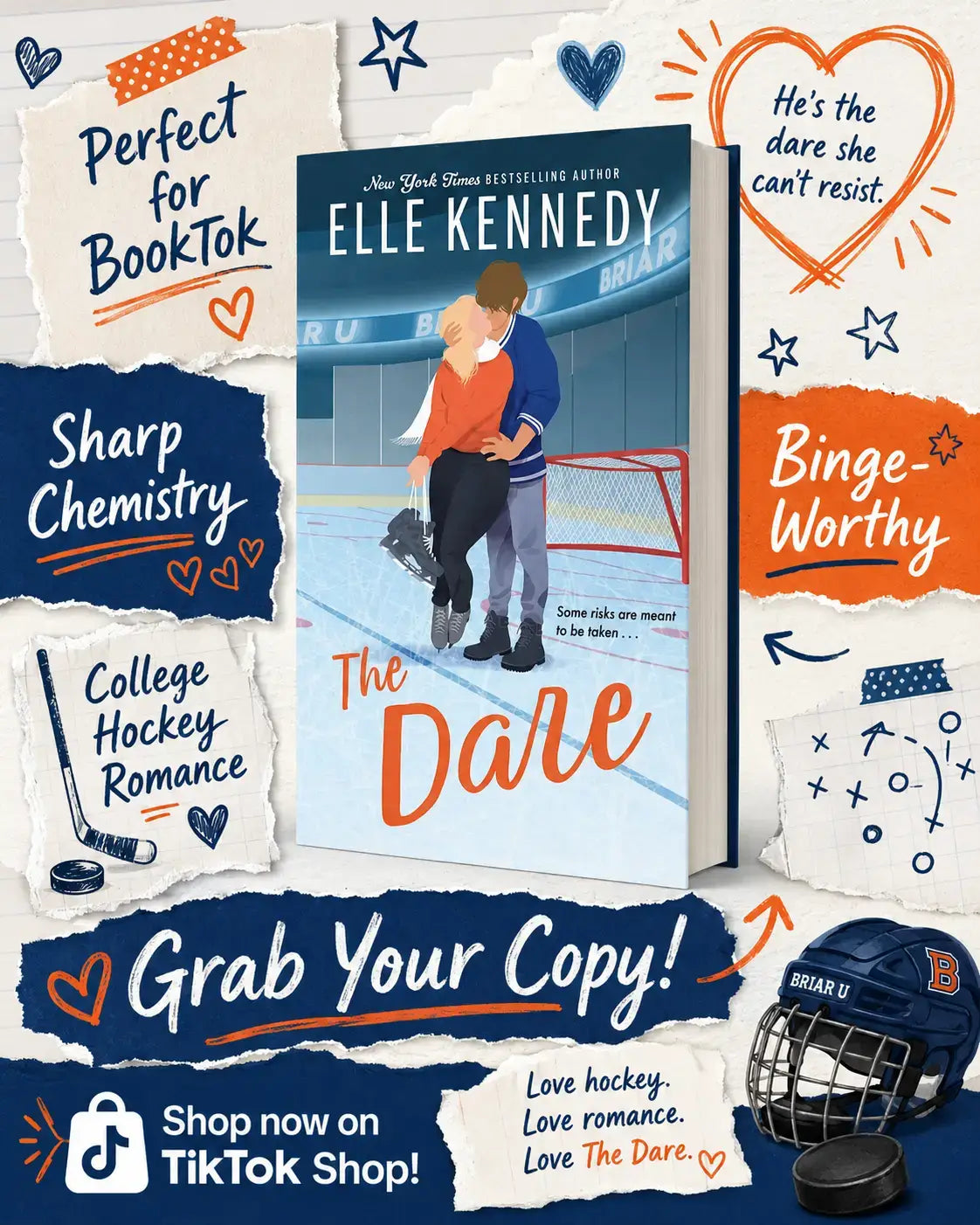 De donkerblauwe cover van de collegehockey roman the dare door bestselling auteur elle kennedy toont een omhelzing op het ijs in de briar u-serie set biedt vier boeken